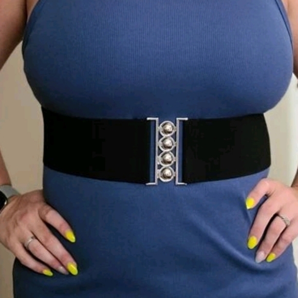 Plus size boho Black Silver buckle corset boho stretch wide waist dress belt - Picture 1 of 12